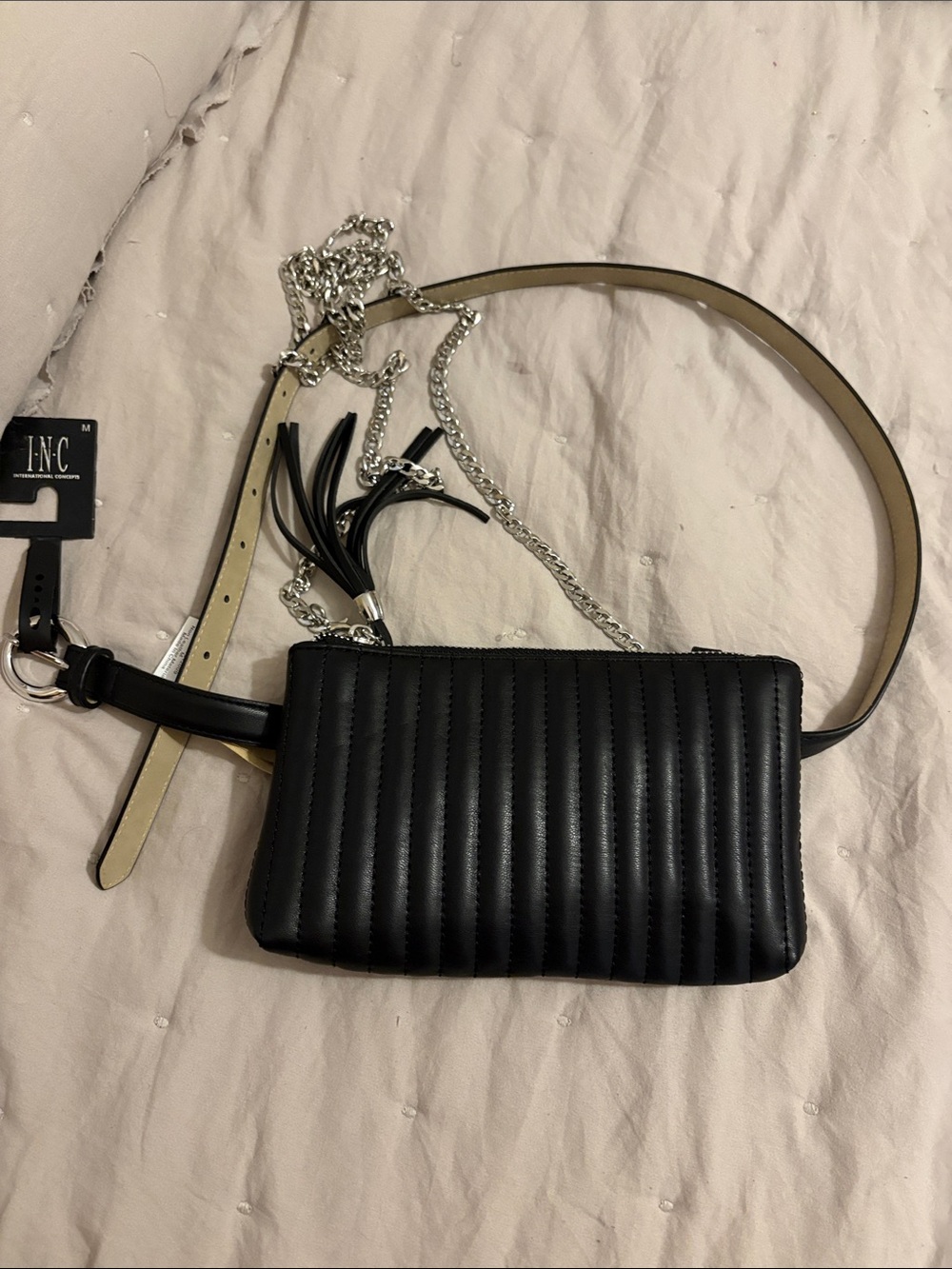 INC International Concepts Black Quilted Crossbody Bag with Chain Strap 42” Med